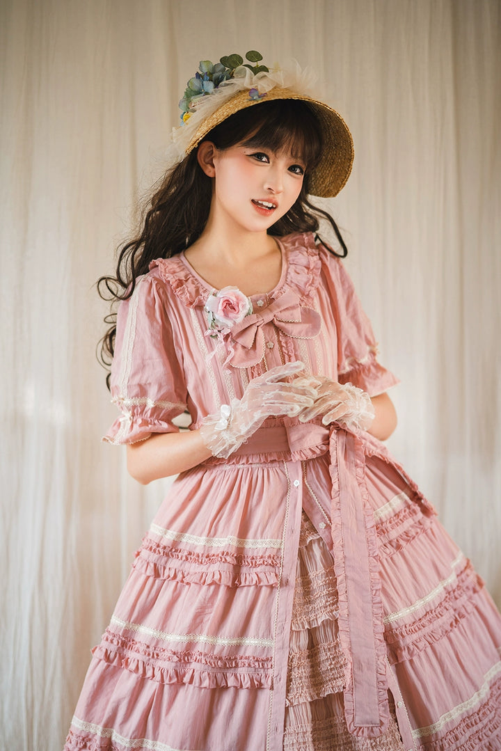 Miss Point~Cat Rose Tea~Elegant Lolita OP Open-front Short Sleeve Tiered Dress