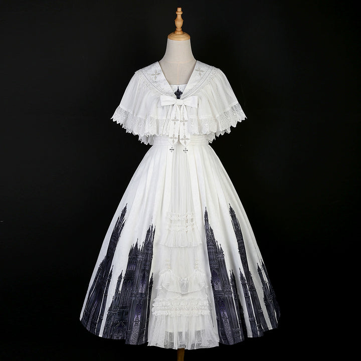 Cornfield Lolita~Silent Church~Gothic Lolita JSK Dress Printed Dress Thin Shawl Set S white thin shawl + JSK 