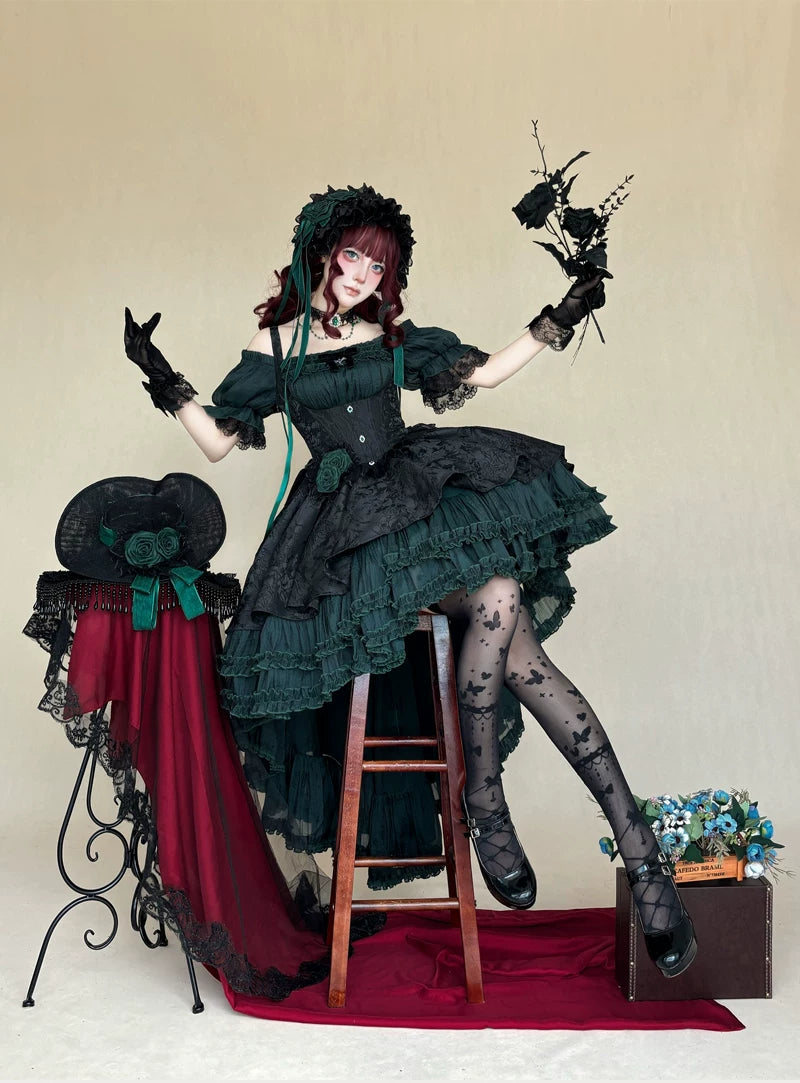 Rose Banquet - Gothic Lolita Boned Bust-supporting JSK Dress, High-low Hem 45815:863584