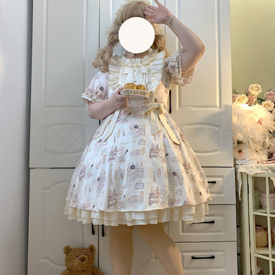 Naomistudio~Cartoon Dogs~Sweet Lolita OP Bows Dress Plus OP beige dress M 