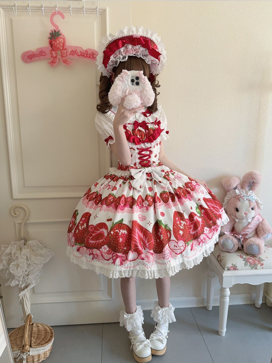 Hanguliang - Strawberry Tale - Sweet Lolita JSK Strawberry Printed Dress White JSK only S