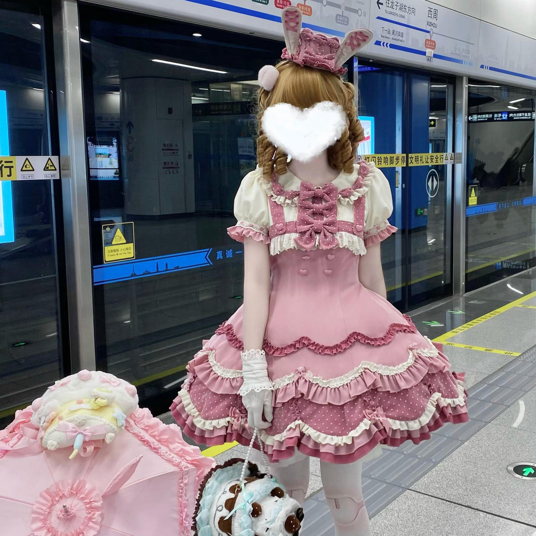 Sakurahime~Bunny Breeze~Pink Sweet Lolita OP Dress with Cute Hat and Bunny Ears