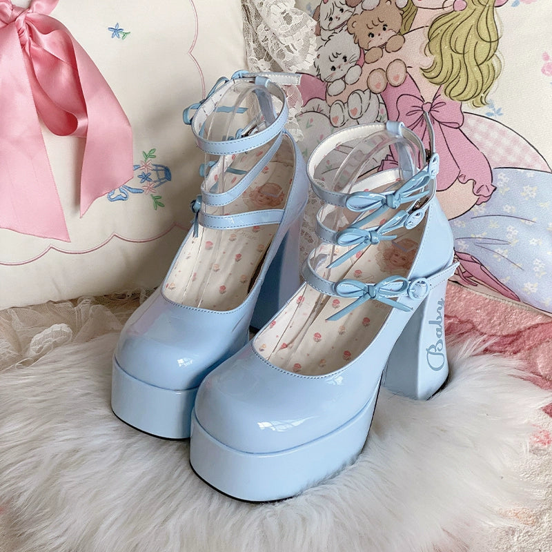 Pure Tea For Dream~Barbie Diary~Sweet Lolita Shoes Bow Platform High Heel Shoes 34 Blue 