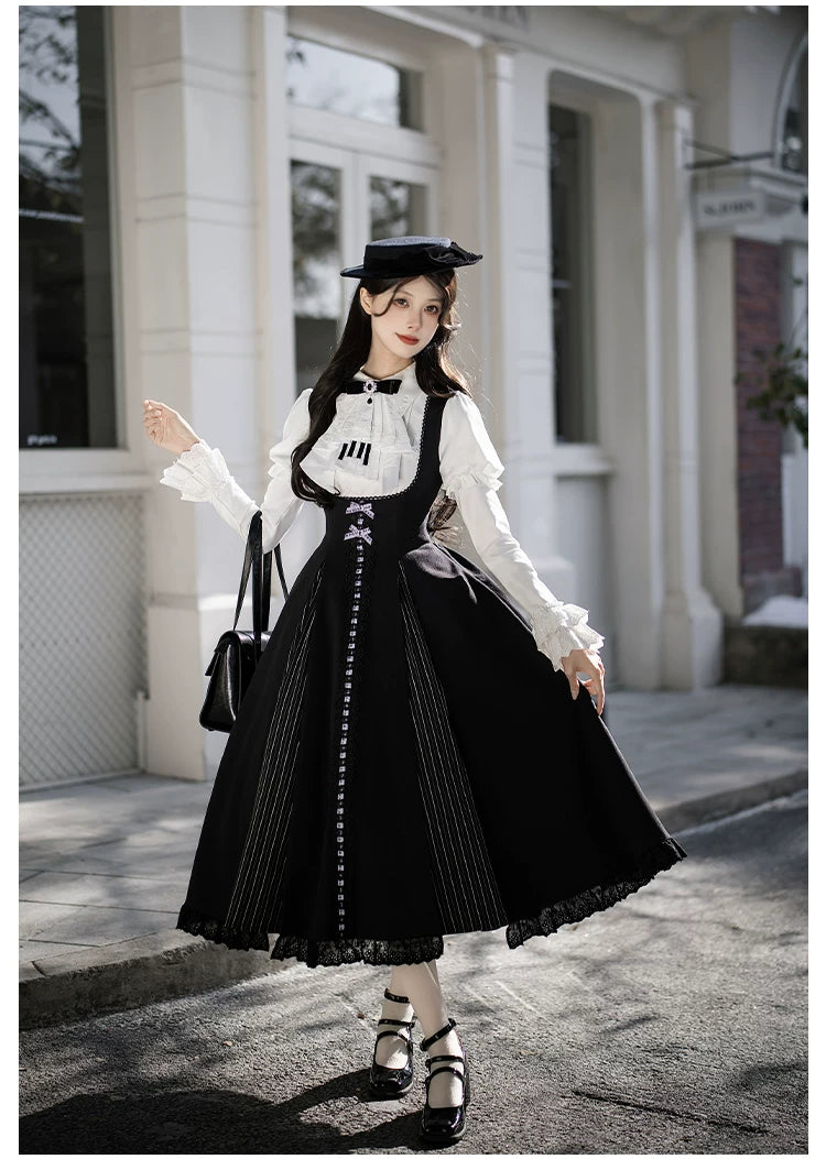 Monochrome Sonata - Classic Lolita Bust-supporting JSK Set, Piano Inspired