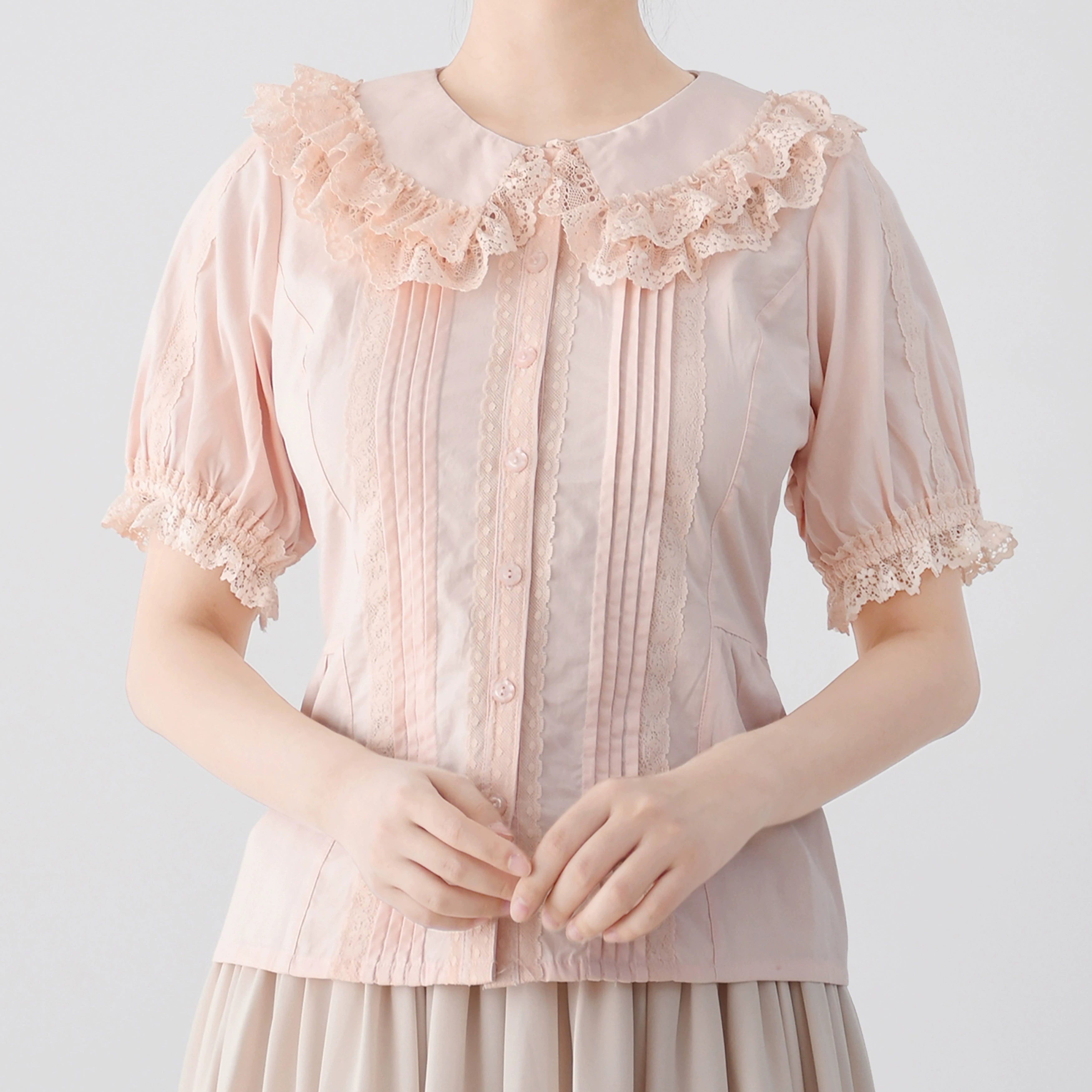 MIST - Hyde Garden - Cotton Lolita Blouse Puff Short Sleeve Shirt light pink S