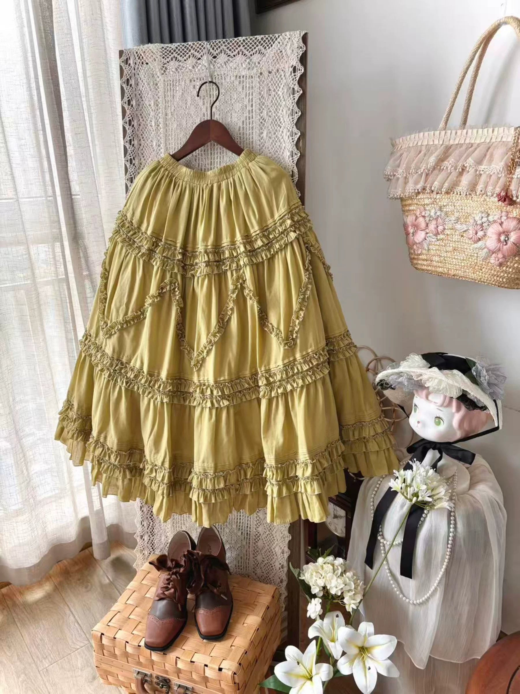 Country Lolita Underskirt, Cotton & Tiered Ruffles Light Yellow-Green S