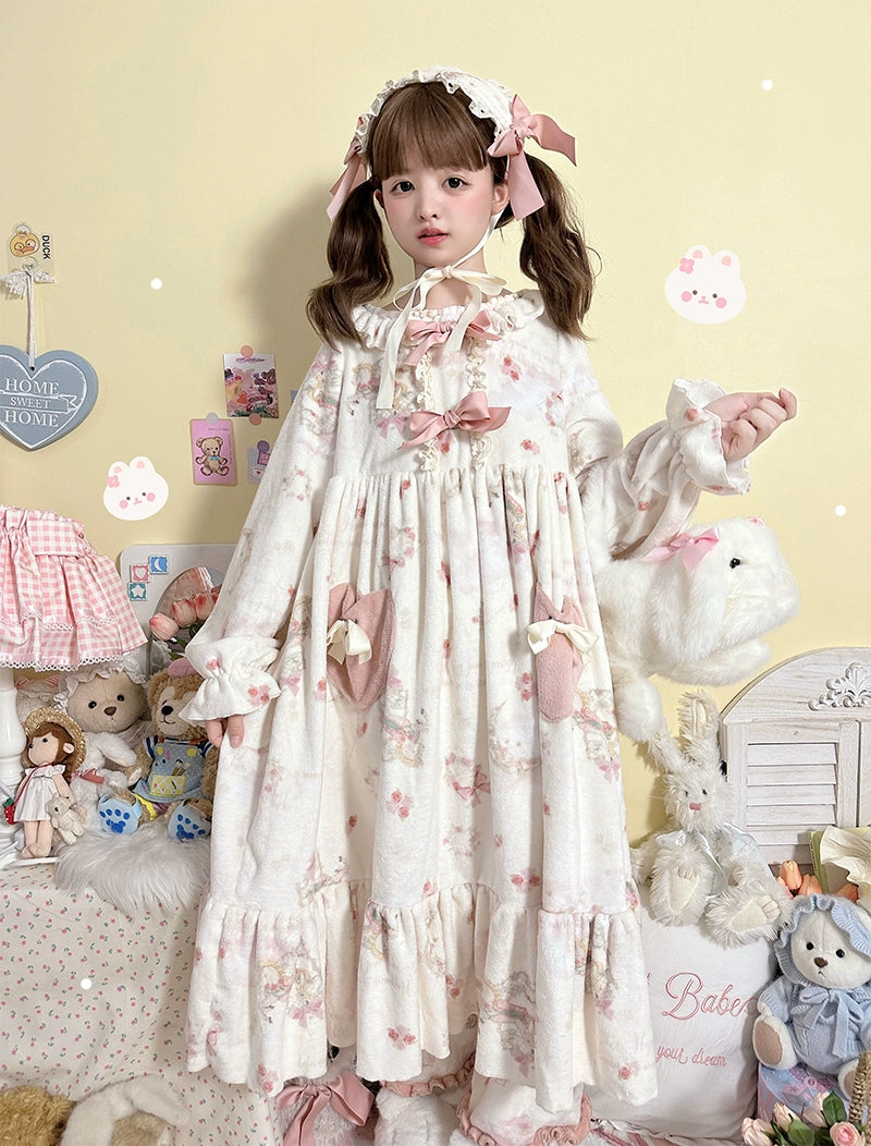 Baduoni~Starry With Moon~Winter Sweet Lolita Nightgown Dress Flannel Dree with Pants