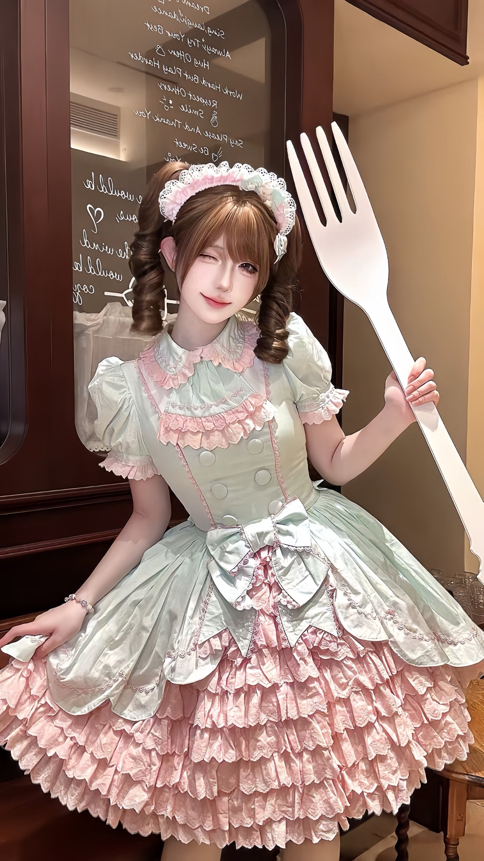 TaTaTa Lolita - Melon Parfait - Old School Lolita OP Suit Pink-Green Sweet Dress