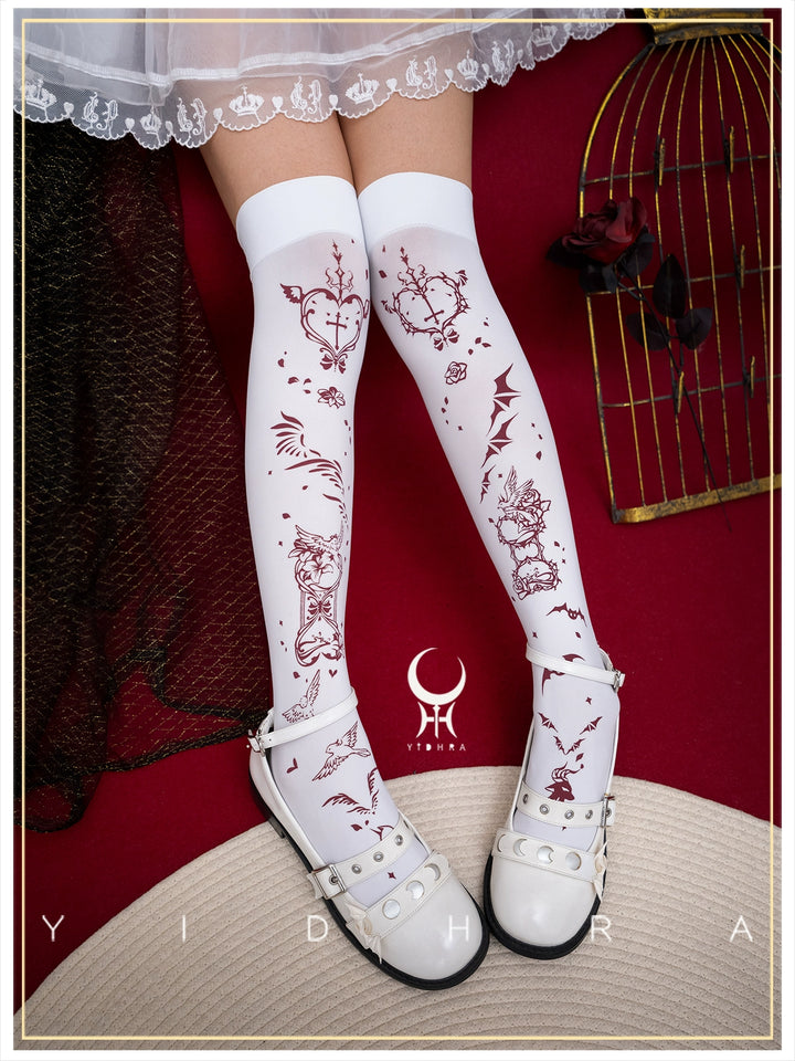 Yidhra~Angel&Devil~Gothic Lolita Pantyhose Printed Goth Tights White Stockings Free size 