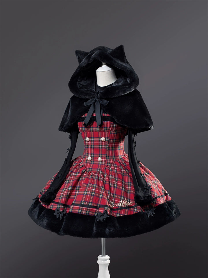 To Alice~Black Cat and Miss~Christmas Sweet Lolita Plaid Dress with Hooded Cape 41288:708098