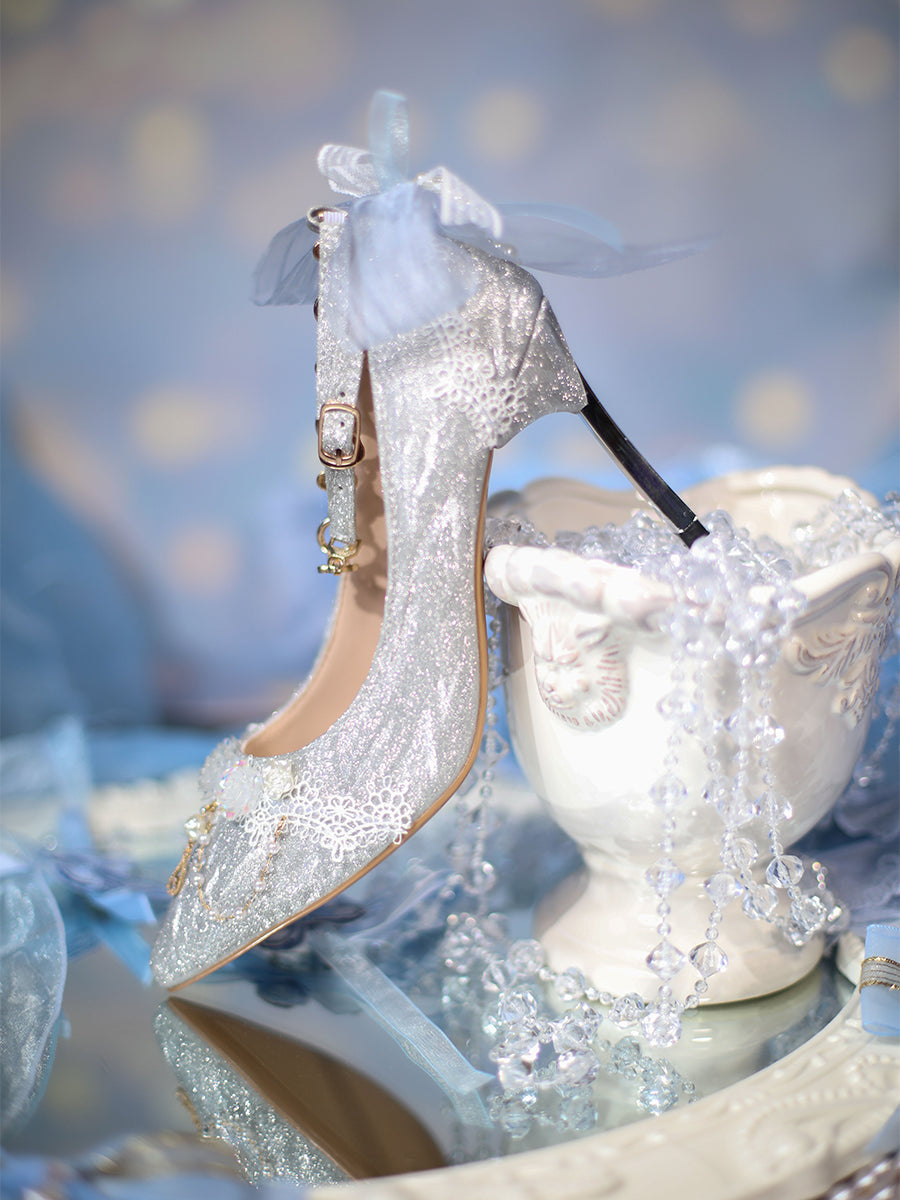 Sky Rabbit~Flowing Light Ode~Thick Heels Silver Lolita Shoes 32 sparkling silver thin heel high heel 8.5cm 