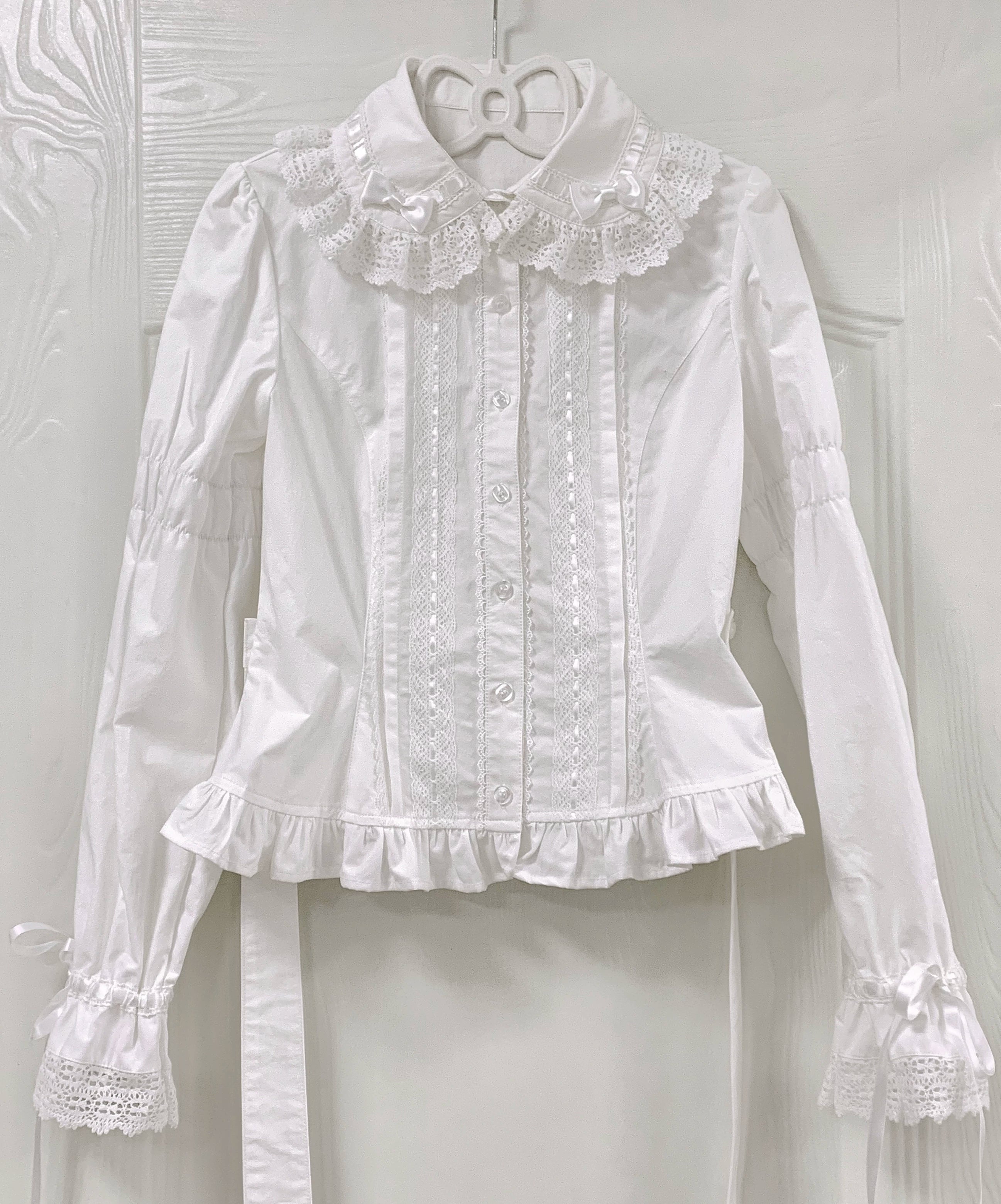 Bunny's Wish - Cotton Sweet Lolita Blouse, Long Sleeve White Blouse (Lotus Root Sleeve) XS