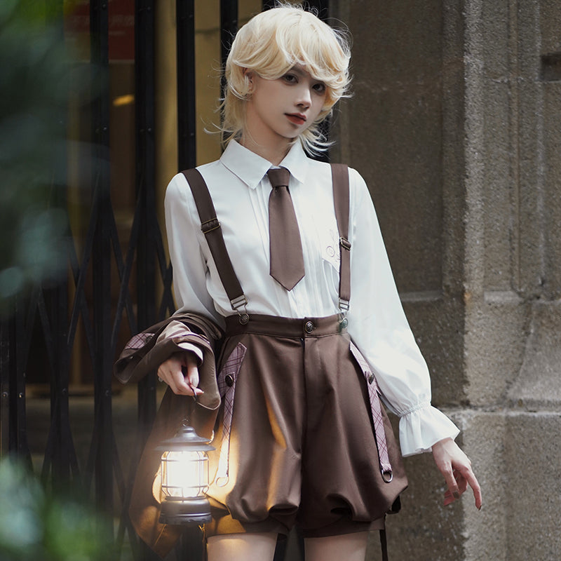 Letters from Unknown Star - Detective Rabbit Kiri - Spring Ouji Lolita Outfits Backpack Pants and Vest Blouse with a tie only S
