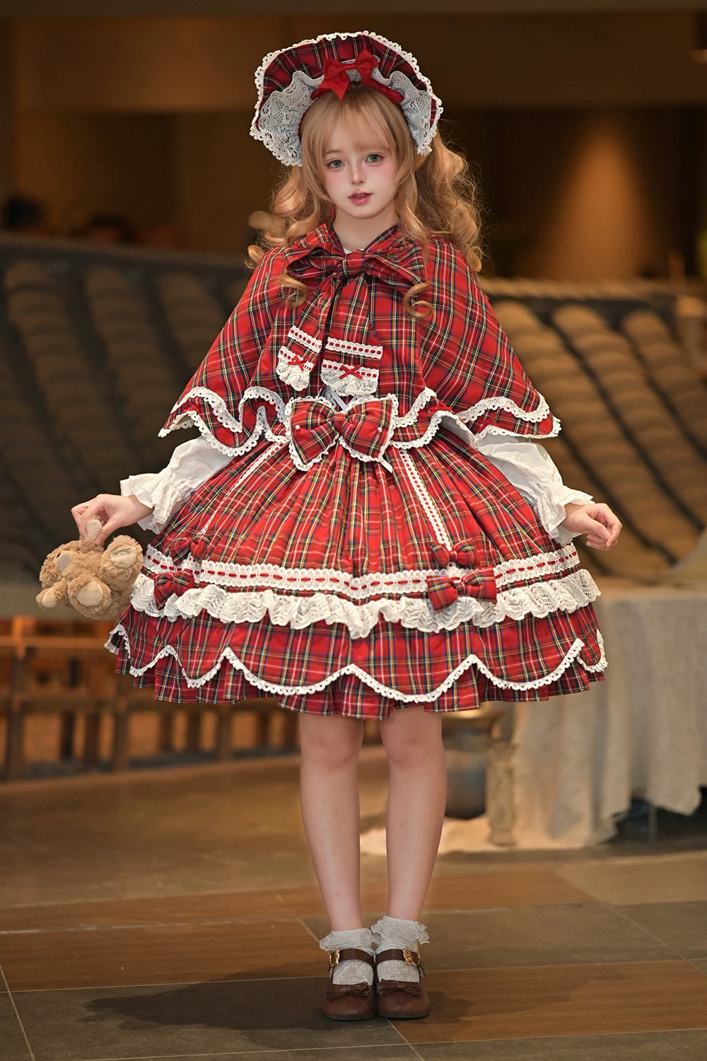 Plaid Petal Bunny - Old School Lolita Plaid OP Dress, Petal-shaped Hem 44673:818291