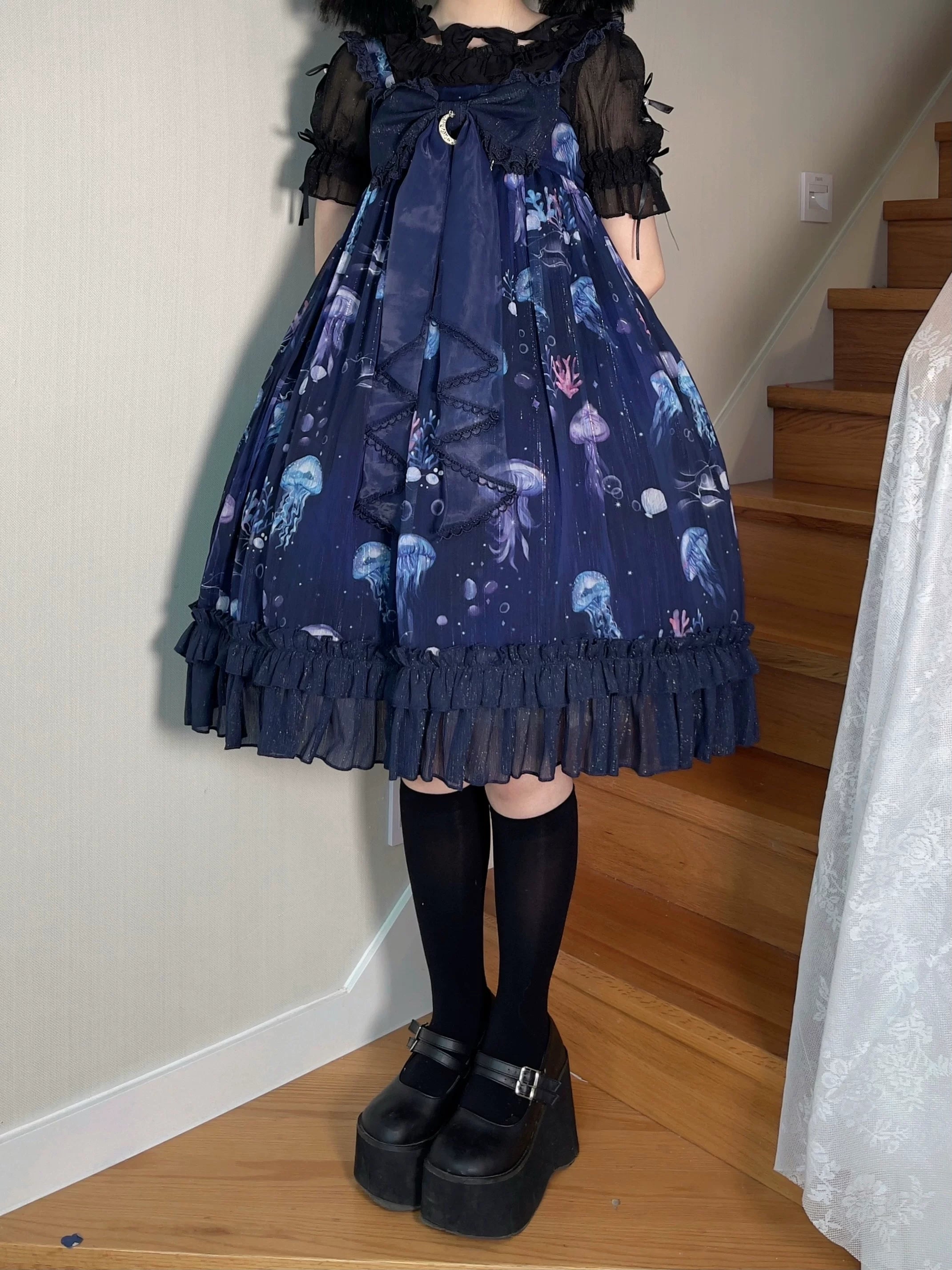 Coral Jellyfish - Sweet Lolita High-waist JSK Dress, Jellyfish & Coral Print 44906:827434