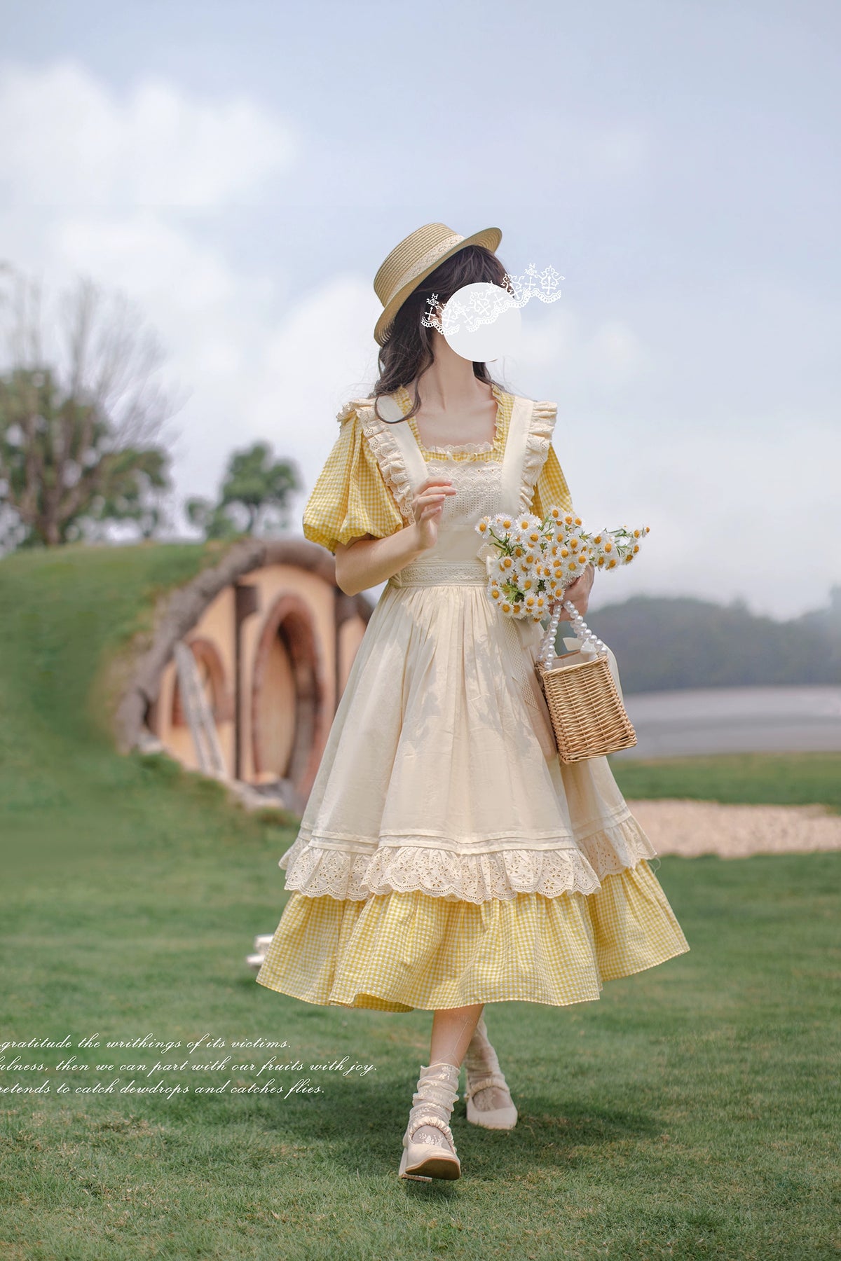 Yellow Lolita OP Dress Set Apron Dress Plaid Print Yellow Lolita OP Dress Set Apron Dress Plaid Print