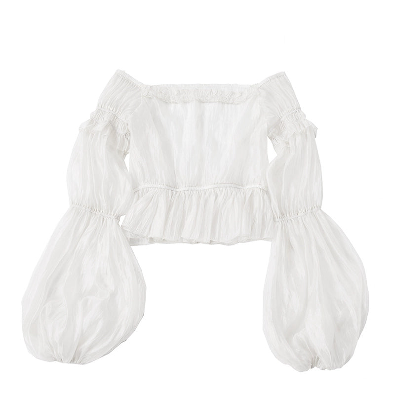 Balladeer~Classic Lolita Shirt Puff Sleeves Open Shoulder Blouse S White (L M S XL / White) 36010:511648