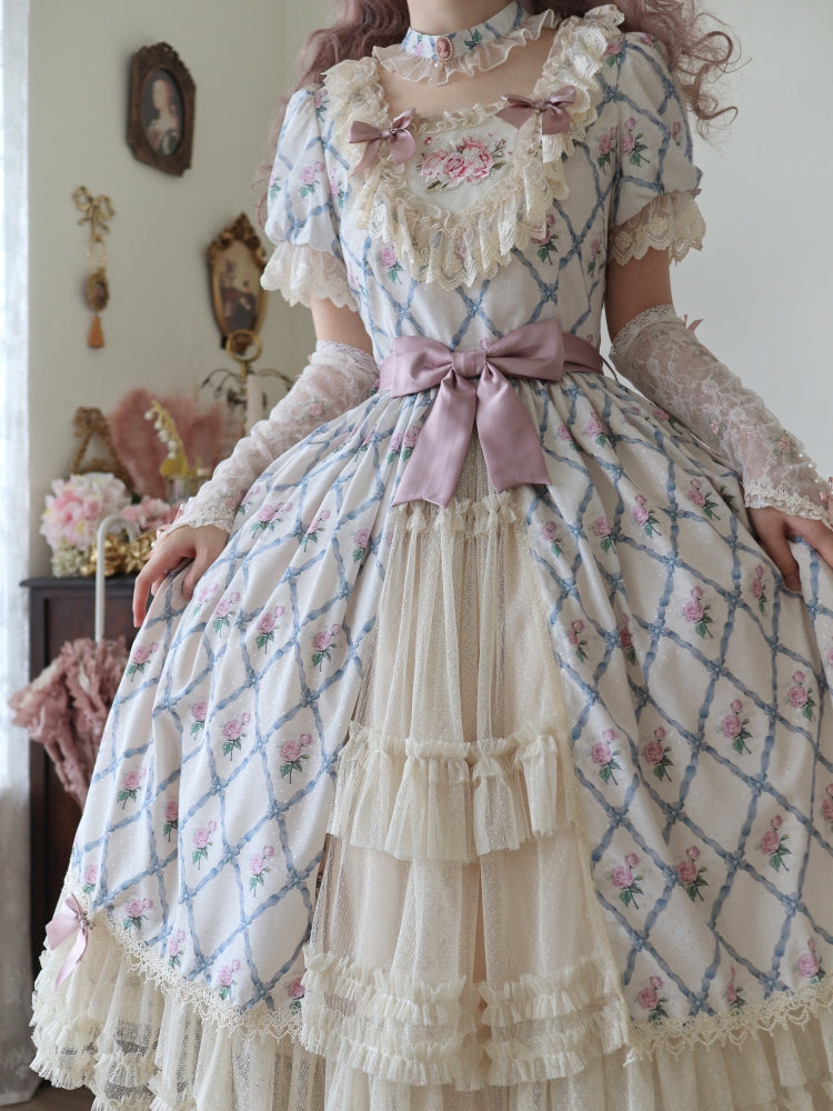 Moon River~Elegant Lolita OP Dress Short Sleeve Square Neckline Print Dress   
