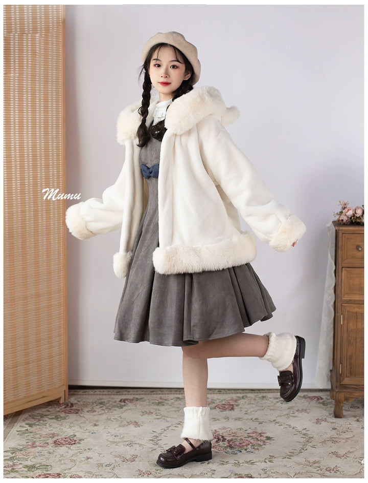 Mumu~Fluffy Winter Lolita Coat Cat Embroidery Hooded Coat   