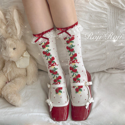 Roji Roji~Autumn Sweet Lolita Cotton Thigh-high Socks red short socks free size 