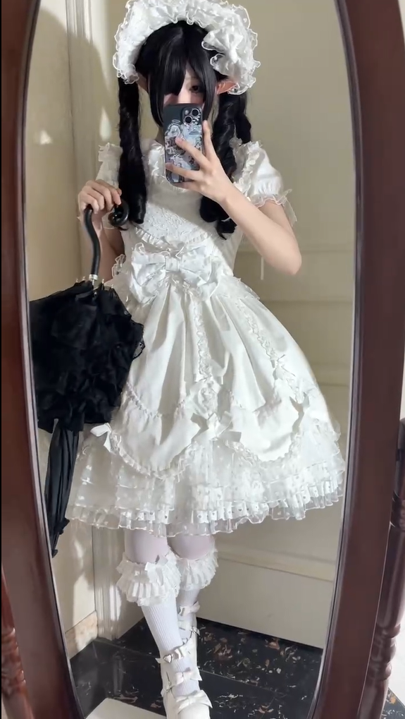 (BFM)The Seventh Doll~Sweet Diary SP~Vintage Lolita Jumper Dress Petal-like Hem JSK Headdress Set M white bnt full set(a JSK +a short sleeve shirt+ a pair of cuffs and a bonnet) 