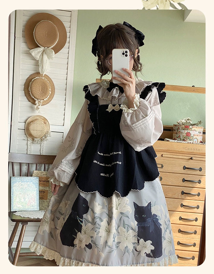 Akiyama Future Studio~Black Cat and Lily~Loose Kawaii Lolita OP Dress with Vest and Hat