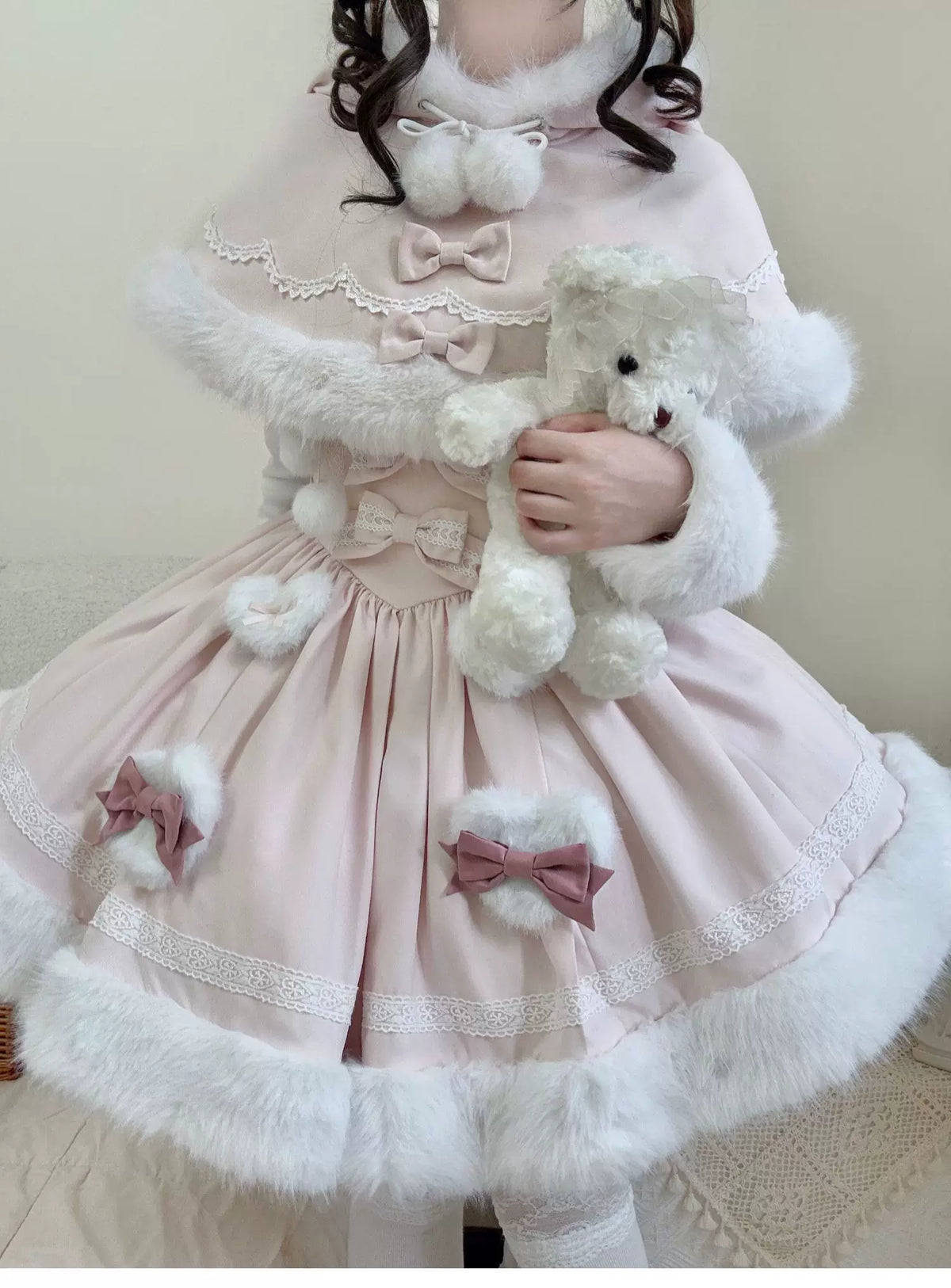 Sweet Dream Bunny - Sweet Lolita Cape & JSK Dress Set, Faux Fur Bunny Ear 46120:875805