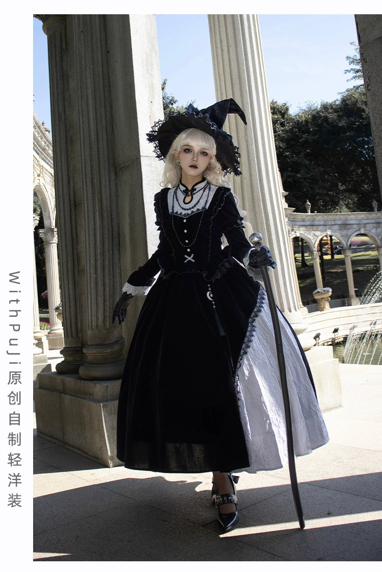 With Puji~Innocent Talk~Halloween Chinese Style Lolita OP Black-silver Gray Dress   