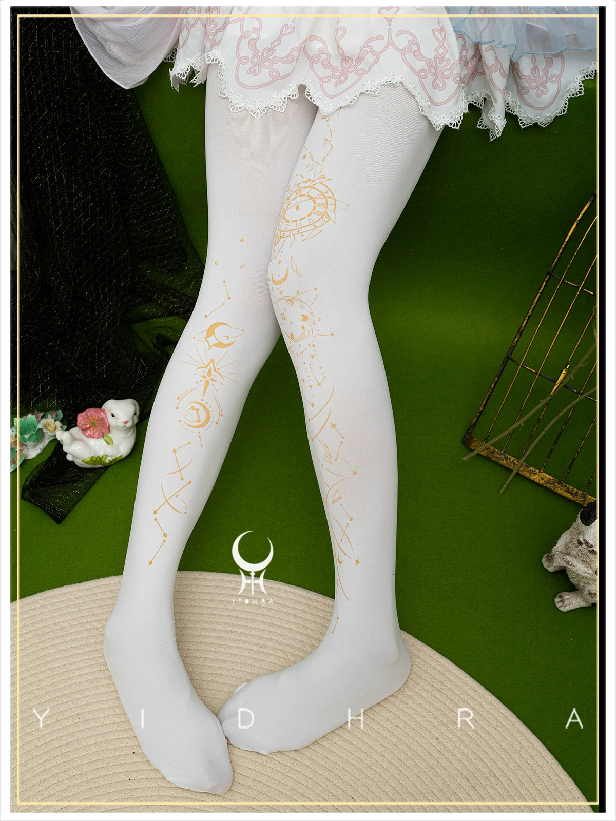 Yidhra - Gothic Lolita Pantyhose Printing Lolita Tights A pair of white-gold pantyhose (120D) One Size