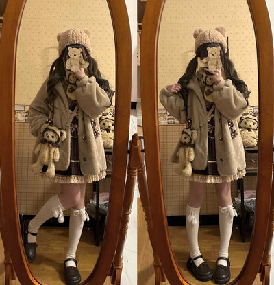 Sissy the shepherd~Pearl Milk Tea Bear~Kawaii Lolita Coat Winter Lolita Coffee Plush Overcoat   