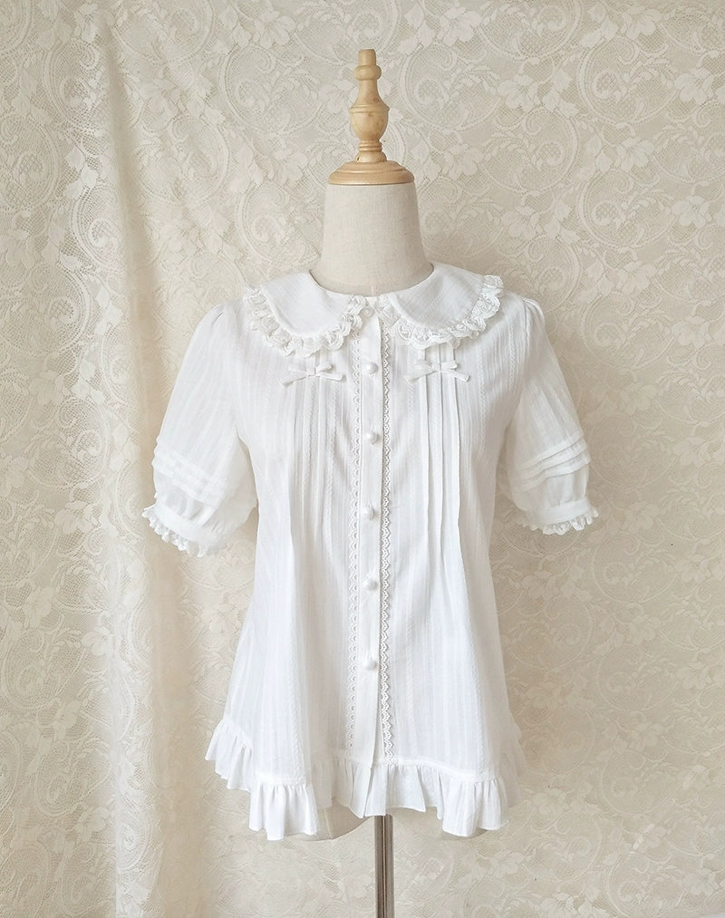 Youlan Lane - Cotton Sweet Lolita Blouse, Single / Fleece Lined Version White Short Sleeve Blouse XS