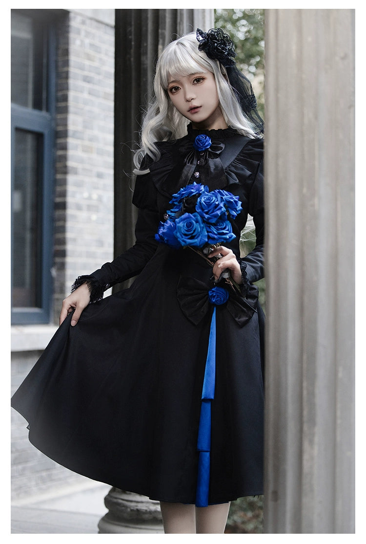 (BFM)With PUJI~Night Serenade~Retro Lolita Cloak Color-Blocked Blue and Black Cape OP Set   