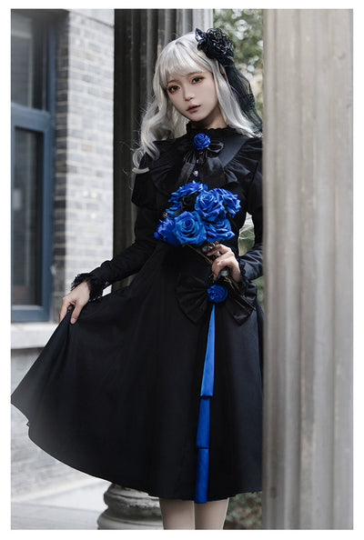 (BFM)With PUJI~Night Serenade~Retro Lolita Cloak Color-Blocked Blue and Black Cape OP Set   