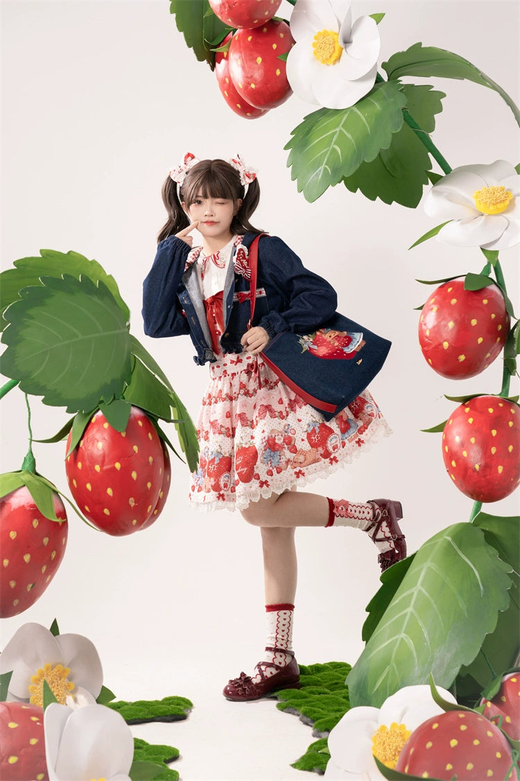 To Alice~Spring Strawberry Bunny~Kawaii Lolita Salopette Dress Hooded Coat and Blouse