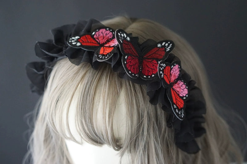 Strange Sugar~Gothic Lolita Black Headdress Butterfly KC Photography Props 3 - Red butterfly  
