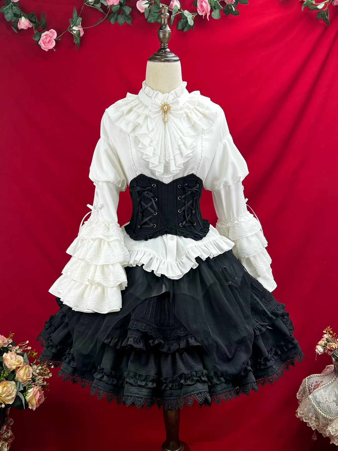 DMFS Lolita~Good and Evil Angel~Gothic Lolita SK Set Retro Princess Sleeve Blouse