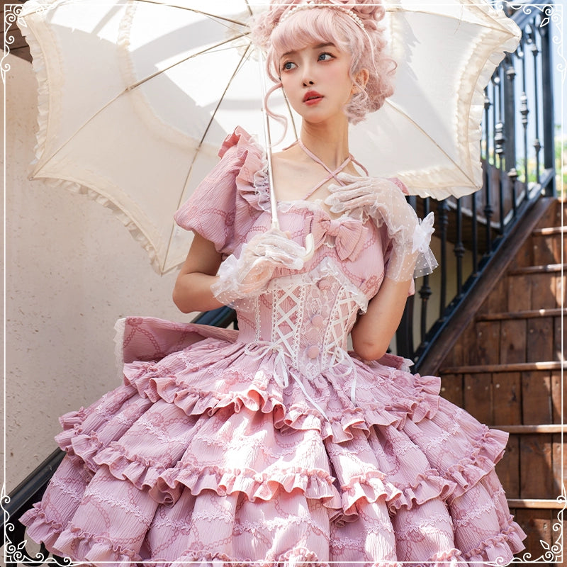 OCELOT~Puff Rose~Sweet Lolita OP Princess Bow Trailing Lolita Dress   