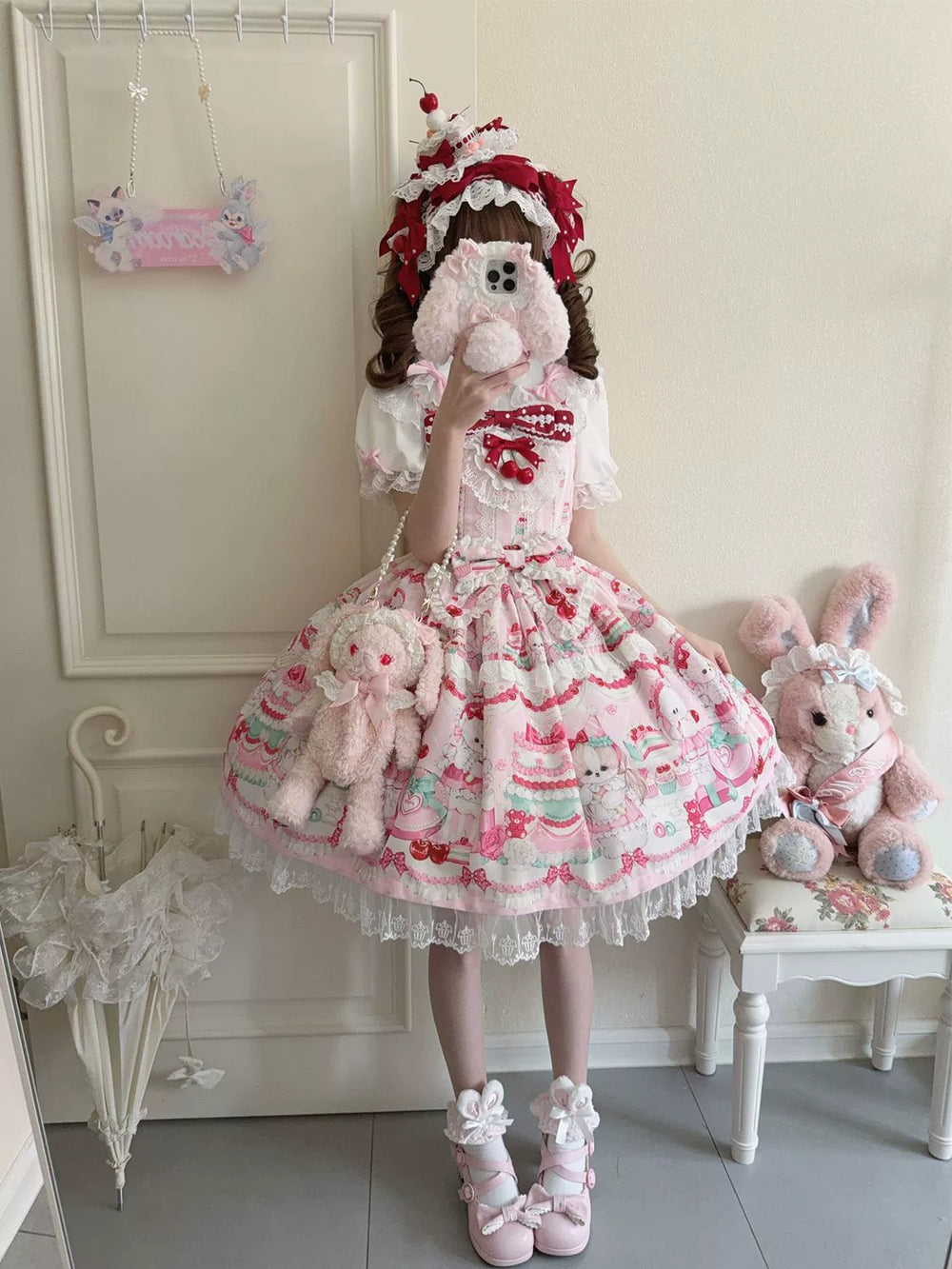 Hanguliang~Cherry Bake Song~Kawaii Lolita JSK Dress With Dessert Print & Cherry Bow