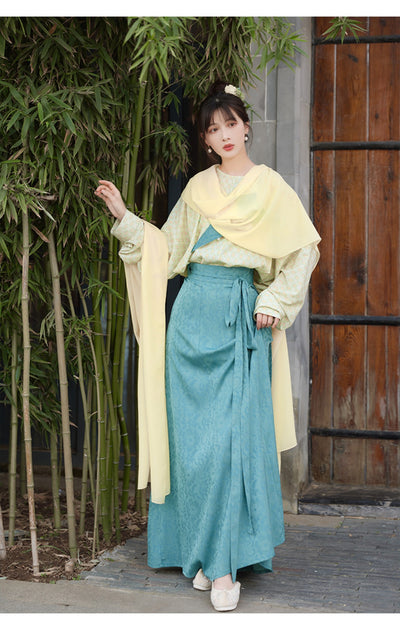 Chixia~Han Lolita Blue Eight-piece Skirt and Yellow Shirt shirt+ eight-piece skirt+shawl S 