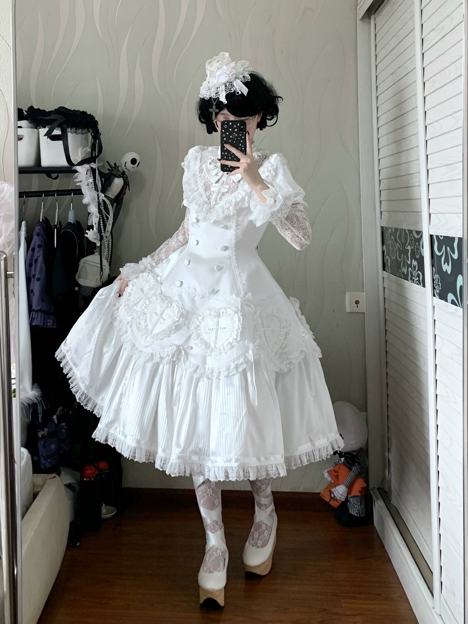 Nocthymn Cross - Gothic Lolita OP Dress with Pearled Cross, Detachable Sleeves (L M S XL) 45813:863443