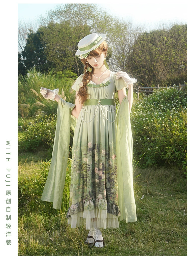 With PUJI~Blooming Rose~Chiffon Classic Lolita Dress Set Painting Styled OP & JSK