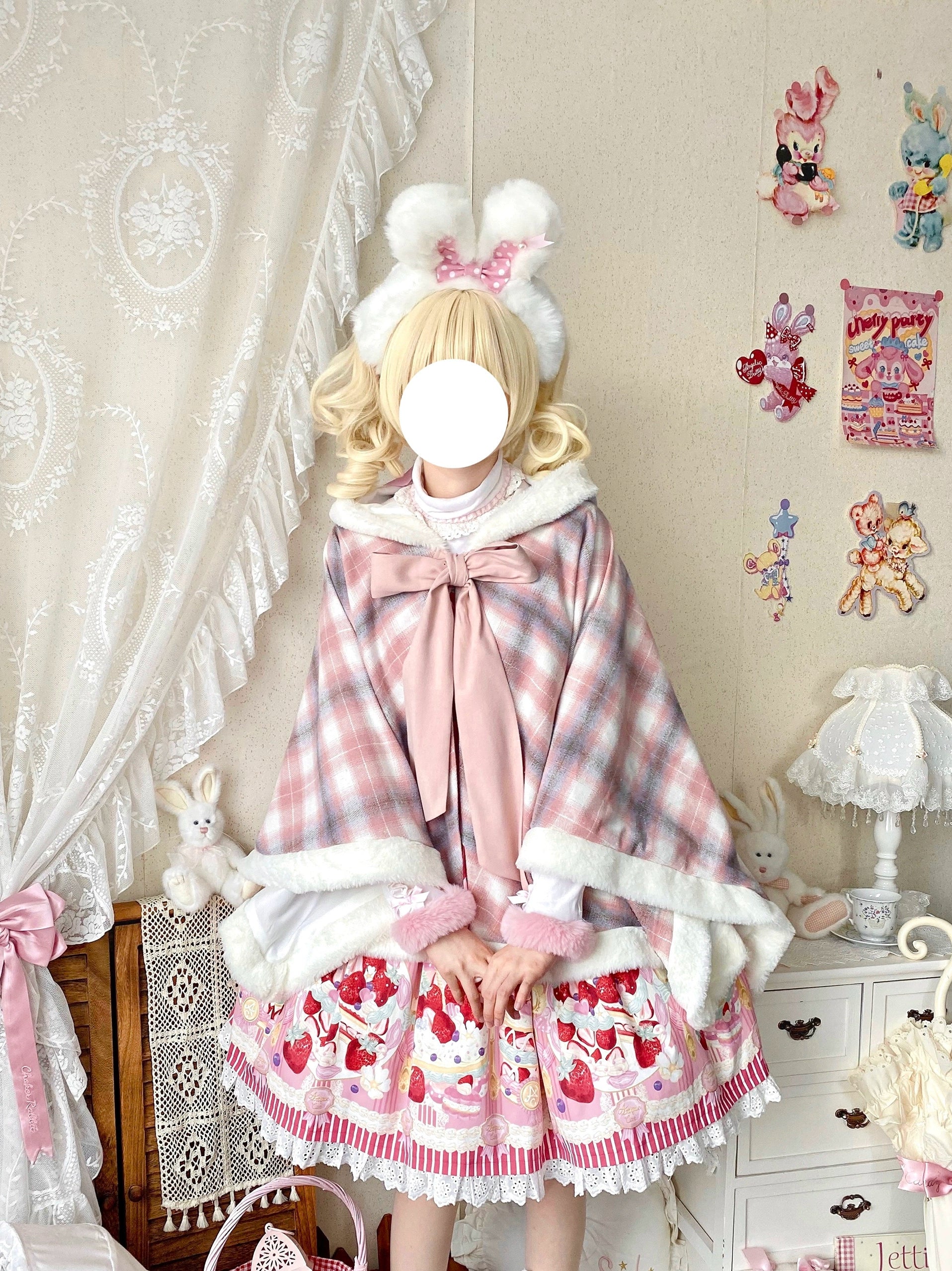 Qianmu - Waffle - Kawaii Lolita Cape Daily Lolita Plaid Hoodie Cloak Pink cape only