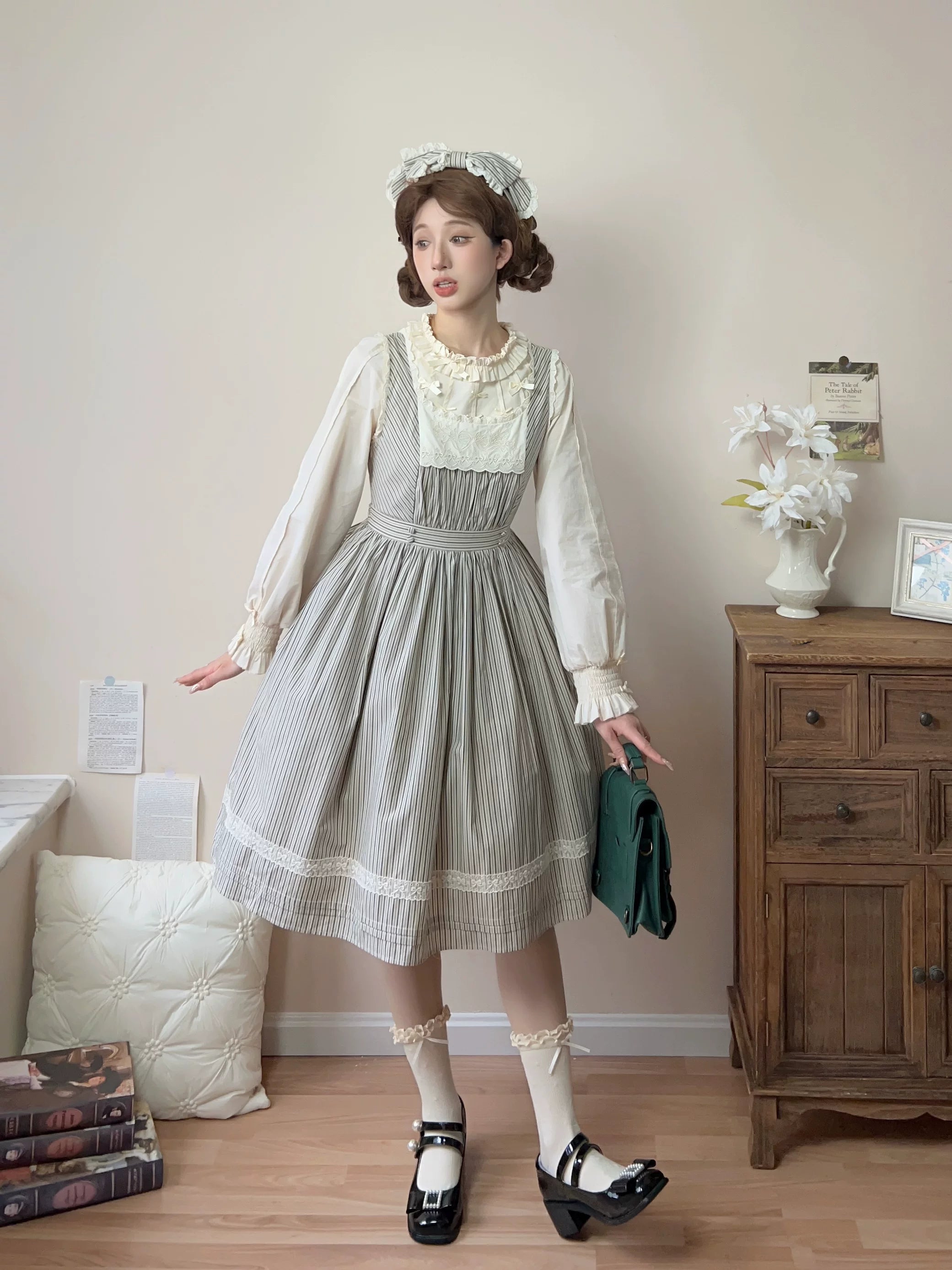 Stripe Minuet - Classic Lolita Striped JSK Dress, Embroidered Neckline 45317:844850