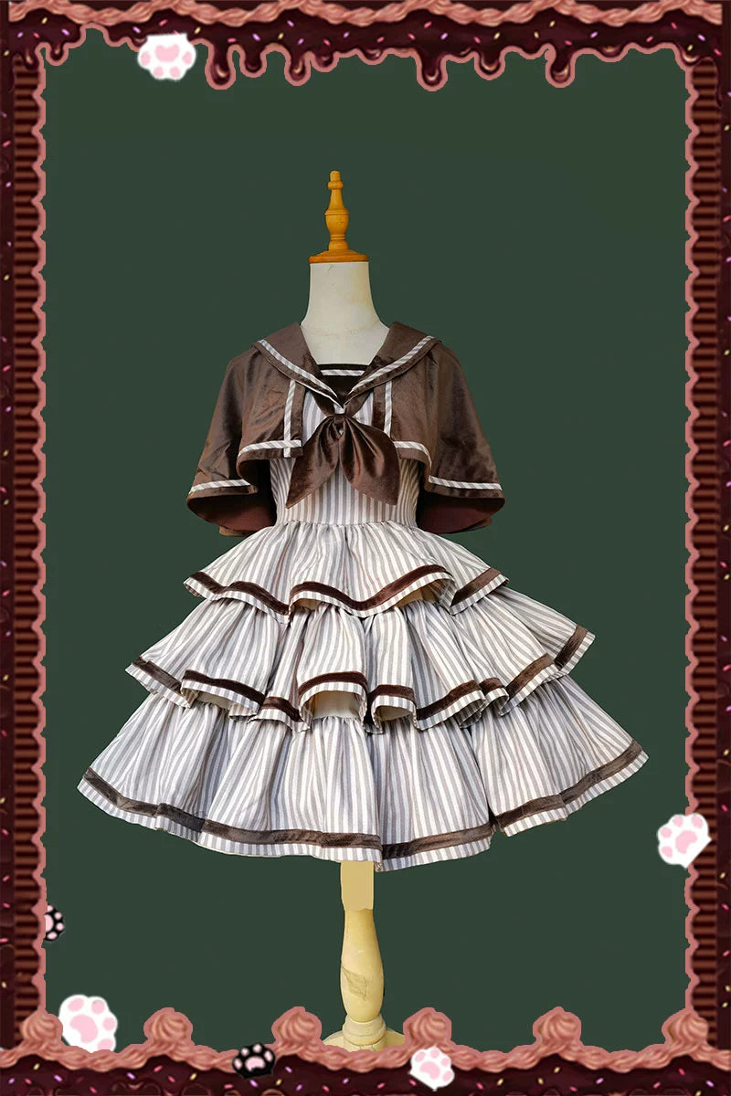 Infanta - From Afar - Vintage Striped Peppy-Style Lolita JSK & Cape Brown Cape Only (one size/M) S