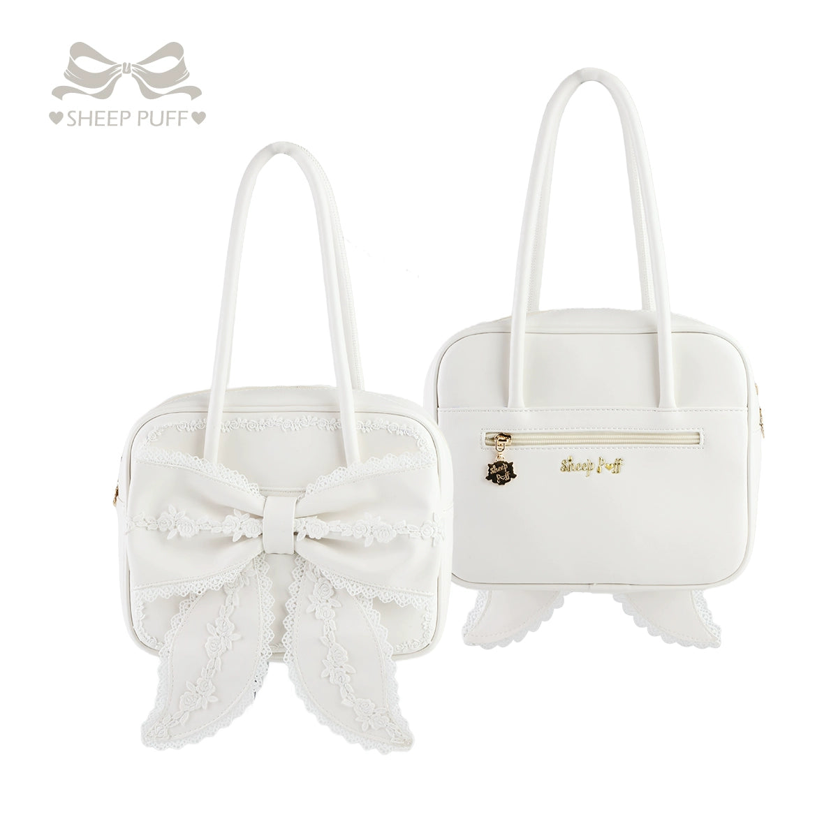 Sheep Puff - Old School Lolita Bag, Ear-Like Bow & Floral Lace (White) 43634:782092