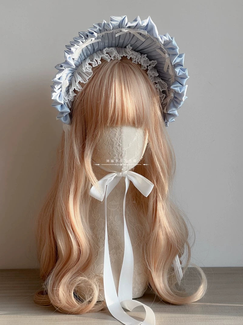 MAID~ Handmade Lolita Bonnet with Small Satin Ribbon Blue x White  