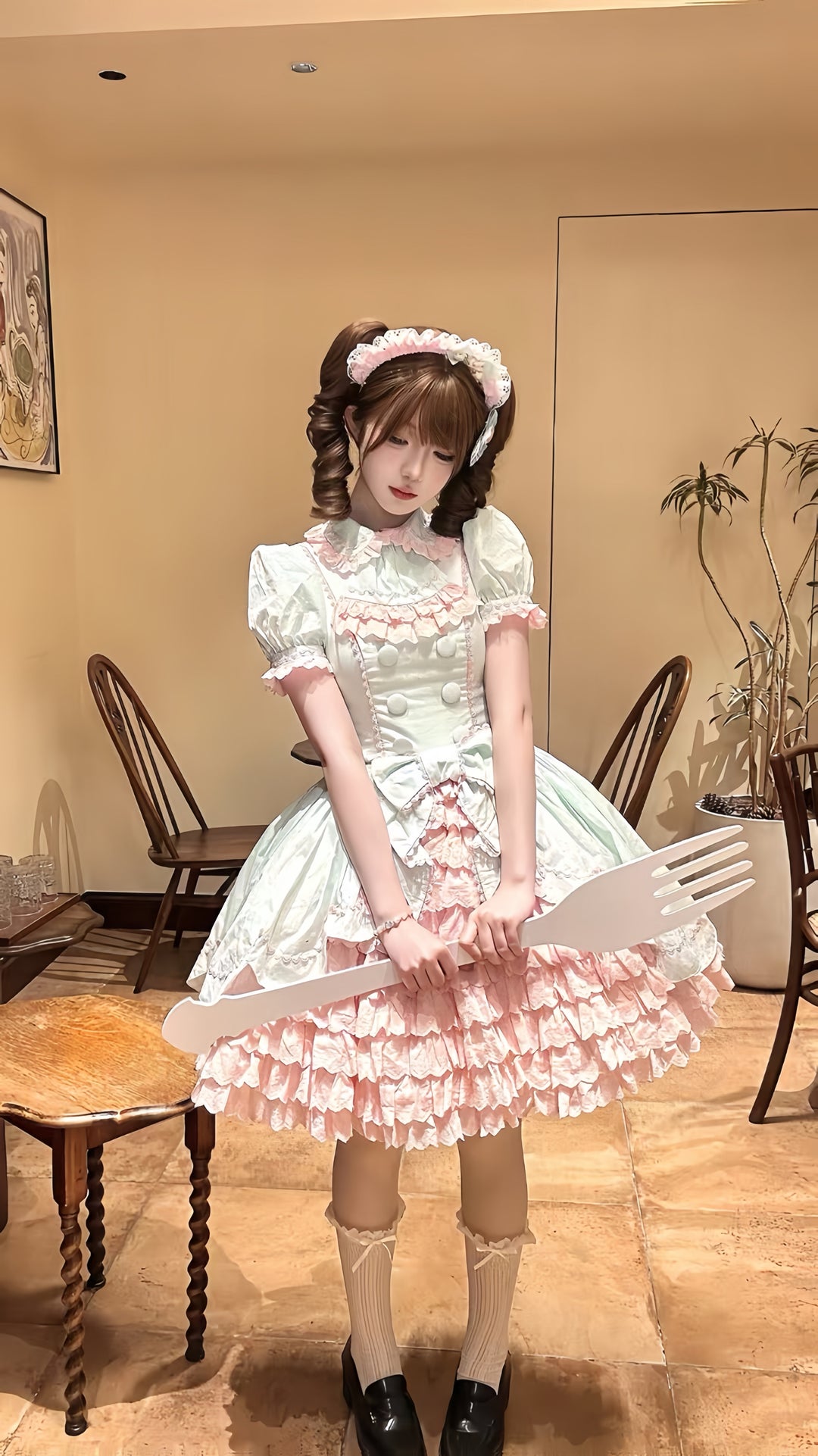 TaTaTa Lolita~Melon Parfait~Old School Lolita OP Suit Pink-Green Sweet Dress