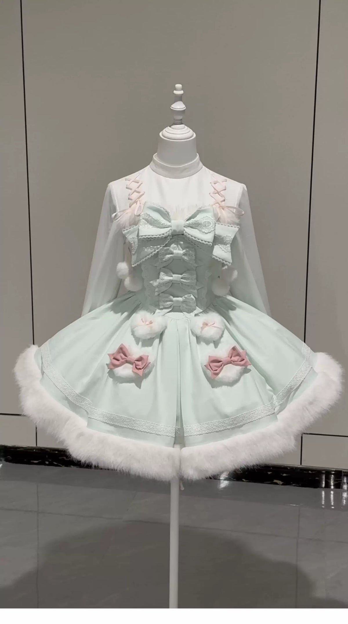Sweet Dream Bunny - Sweet Lolita Cape & JSK Dress Set, Faux Fur Bunny Ear