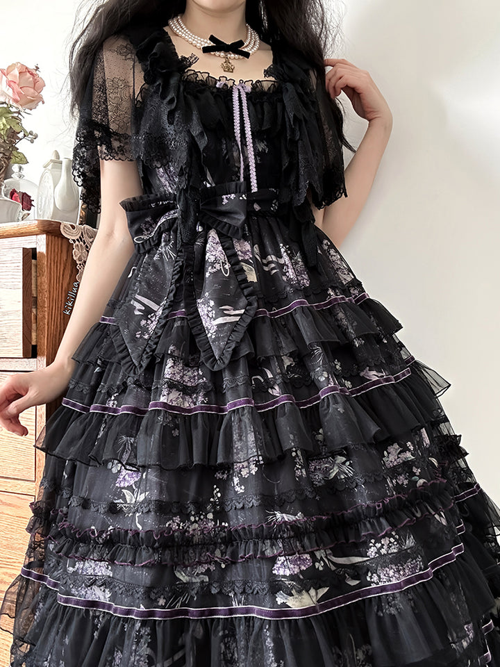 Avenue Denfer~Floral Veil~Elegant Lolita JSK Suit Floral Print Dress and Tulle Shawl