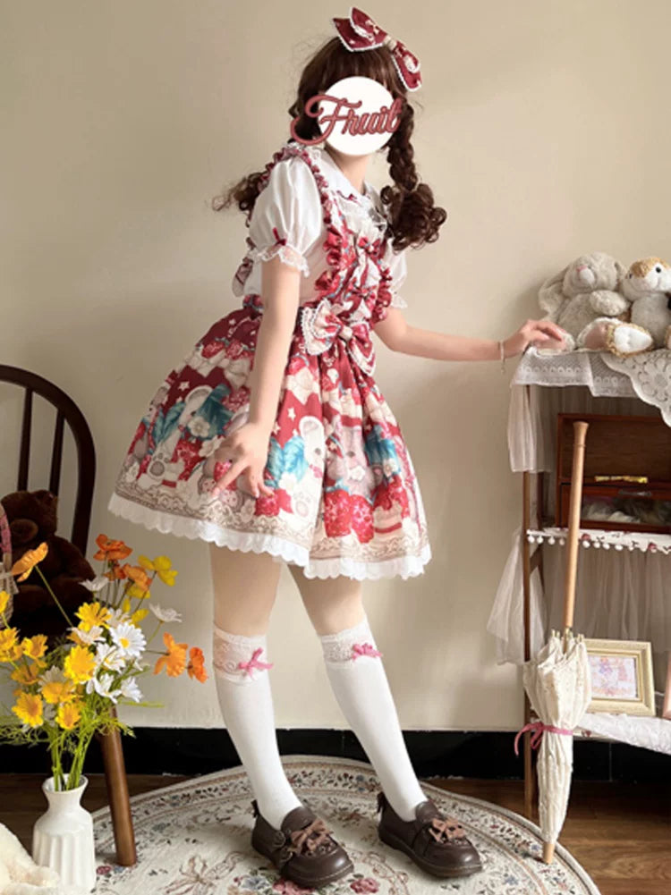 Bearberry Pastry Chef - Kawaii Lolita Salopette Dress, Bear & Strawberry Print